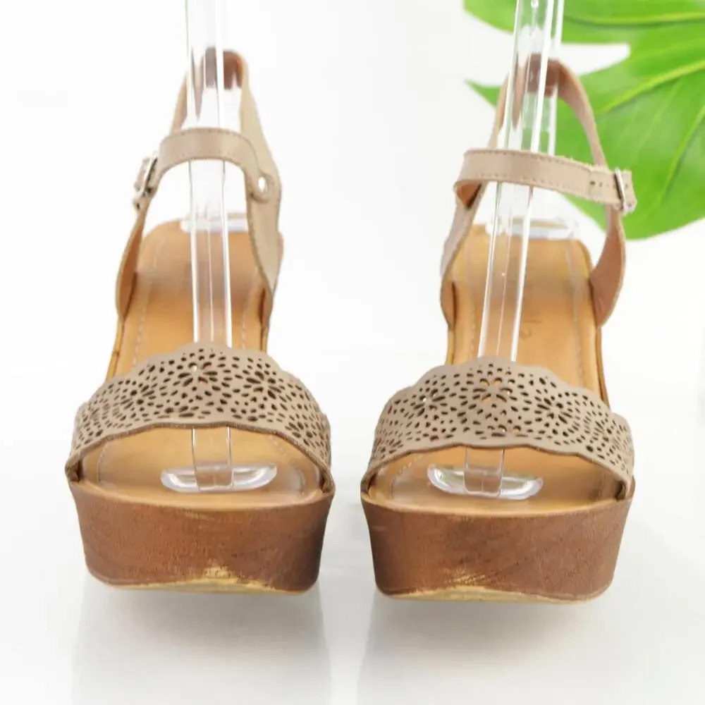 Mariella Womens Sandal Size 8.5 Tan Leather Wedge Platform Ankle Strap Shoe Boho